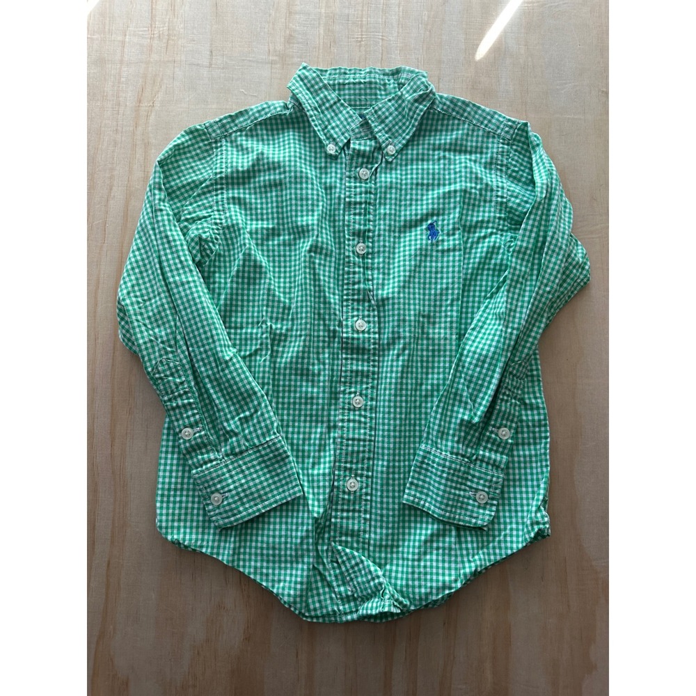 Ralph Lauren Boys 4T Green Gingham Check Long Sleeve Button Down Shirt Pony Logo
